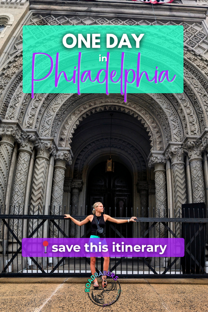 One Day in Philadelphia travel guide cover with a woman standing in front of a historic stone archway, promoting a full itinerary for exploring Philly.